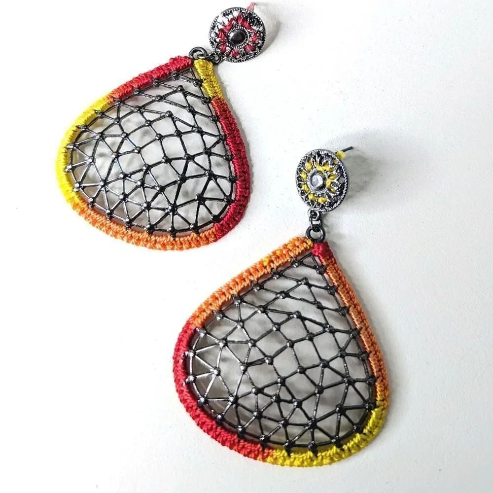 Lightweight Woven Metal Embroidered Posts Mixed Media Earrings 2 X 2"